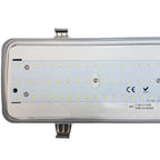 LED non-corrosive light fitting showing circuit board with multiple small LED components, mounting bracket, and CE certificat