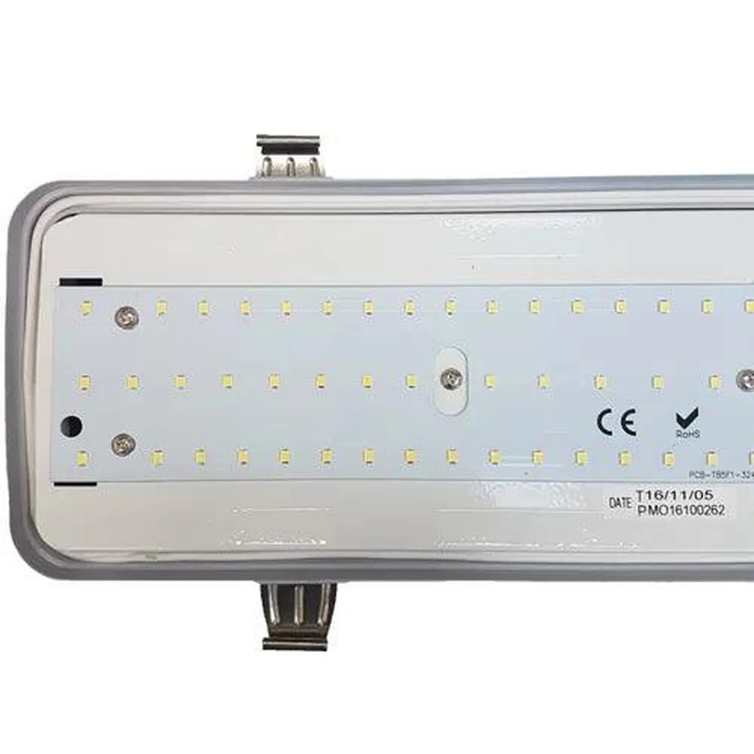 LED non-corrosive light fitting showing circuit board with multiple small LED components, mounting bracket, and CE certificat