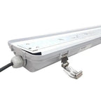 White LED waterproof light fixture, 120cm long, mounted with bracket and power cable against white background.