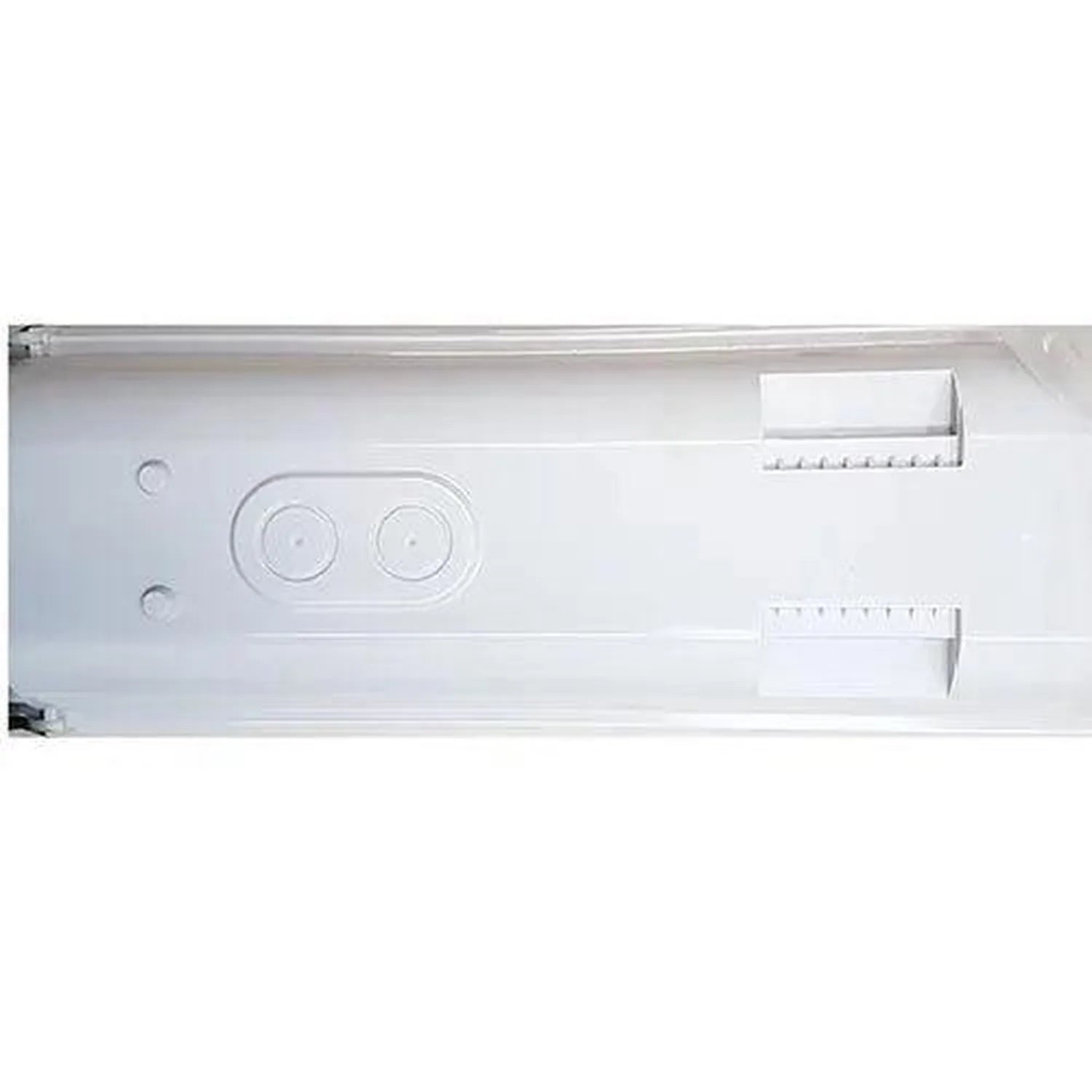 White LED light fitting with dual circular controls, mounted horizontally with wire guards on right side, top-down view.