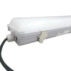 White LED vapor-tight light fixture with frosted diffuser, mounting bracket, and black power cord, shown against plain backgr