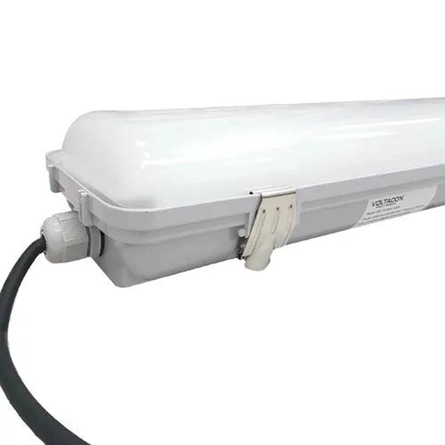 White LED vapor-tight light fixture with frosted diffuser, mounting bracket, and black power cord, shown against plain backgr