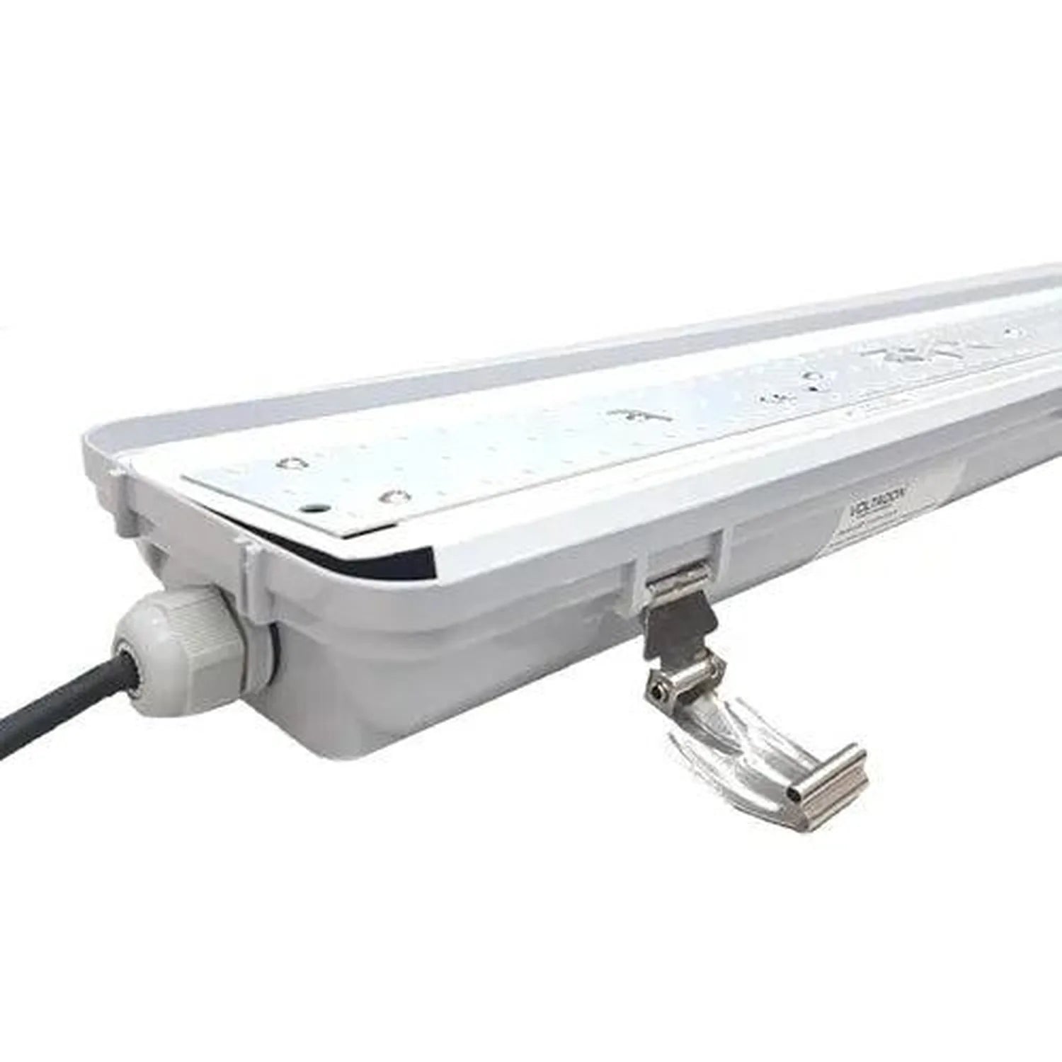 White LED vapor-tight light fixture with mounting bracket and power cable, angled product view on white background.