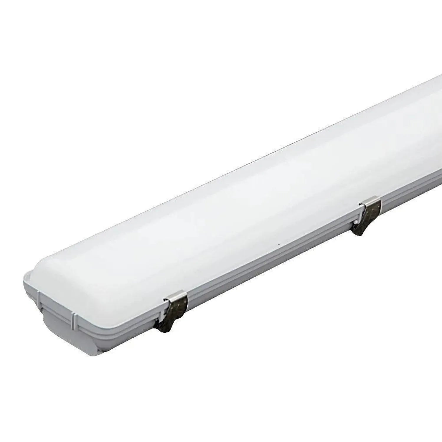 Long linear LED light fixture with white diffuser and gray aluminum housing, mounted at an angle against white background.