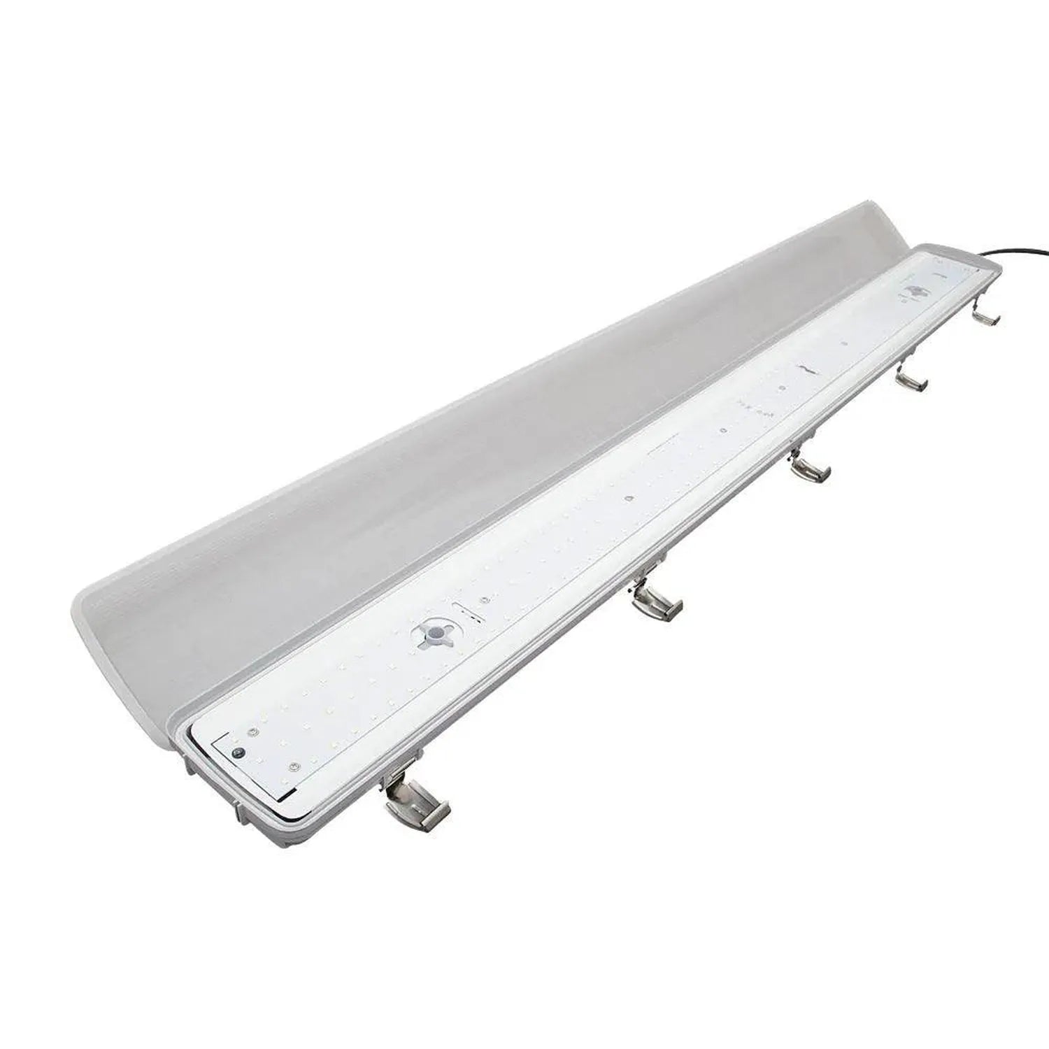 Long rectangular white LED light fixture with sealed housing and mounting brackets against white background.