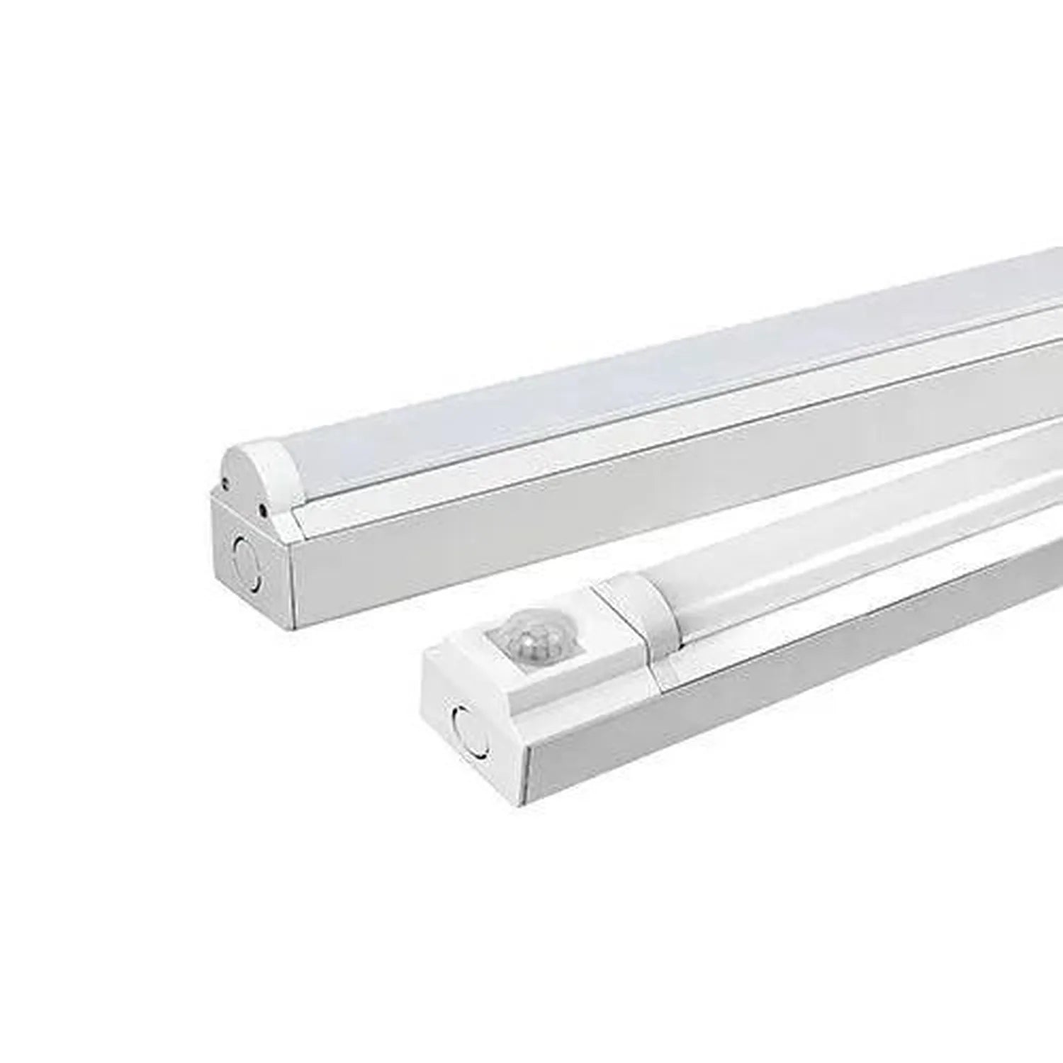 Two white LED batten ceiling lights displayed at angles, one with a motion sensor attachment visible on its surface.