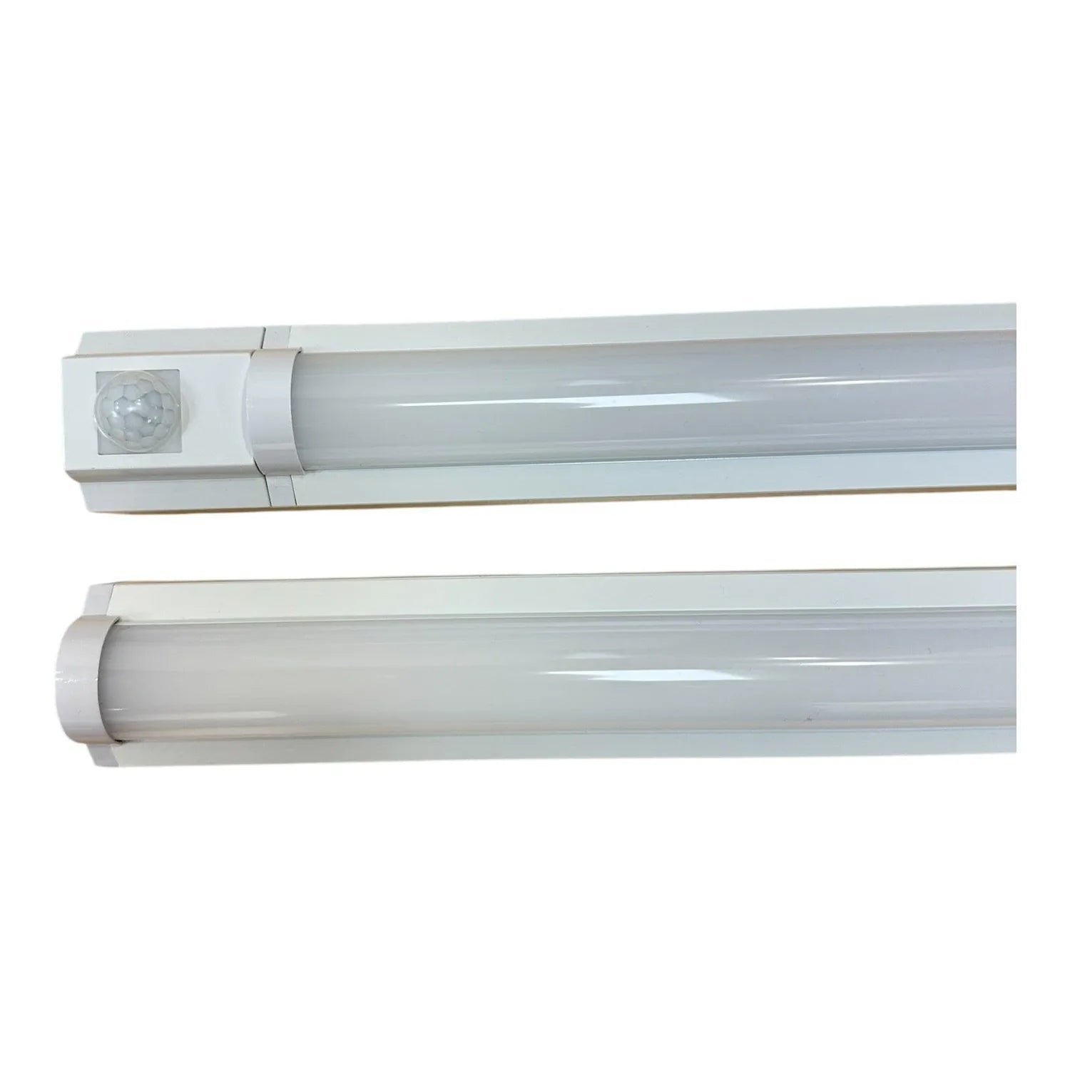 Two LED batten lights with white aluminum profiles and frosted diffusers, one with motion sensor attachment, shown side by si