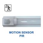 White LED batten light with integrated PIR motion sensor mounted on wall, shown with sensor icon diagram above.