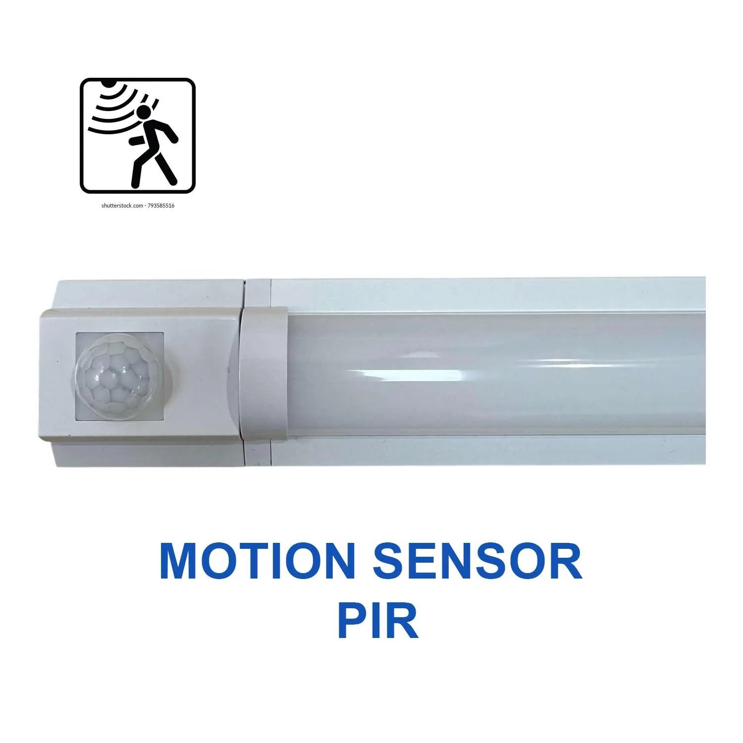 White LED batten light with integrated PIR motion sensor mounted on wall, shown with sensor icon diagram above.