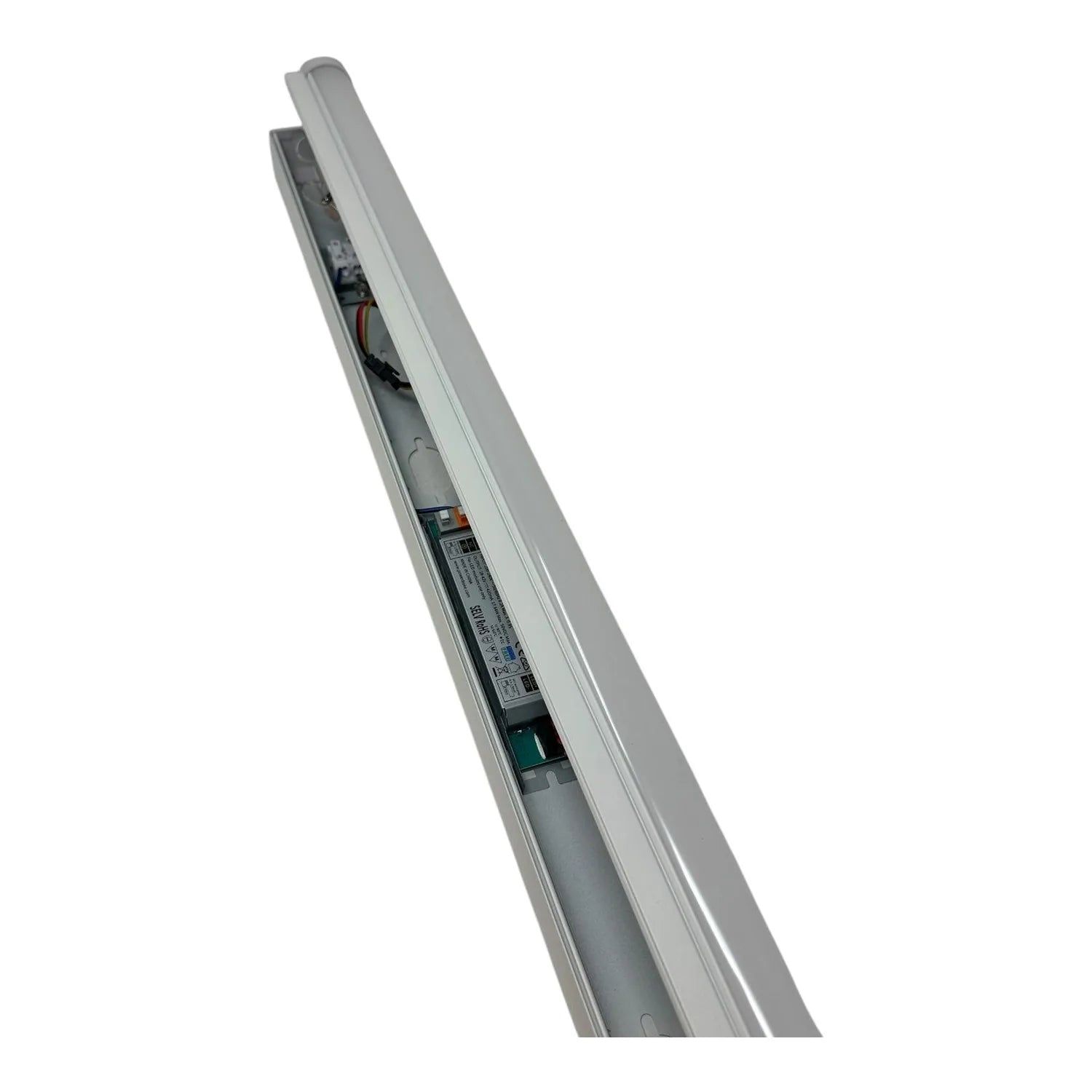 LED batten light with open housing revealing internal driver and wiring components against white background.