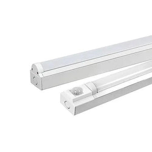 Two white LED batten lights displayed at angles, one with motion sensor, against white background.