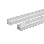 Two white LED batten lights displayed at an angle against a plain background, showing the fixture ends and mounting hardware.