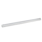 Slim white LED batten light fixture displayed against white background, angled view showing elongated linear design with end 