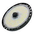 LED high bay light with black rim and white circular lens packed with yellow LED chips, shown against white background.