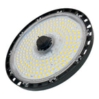 LED high bay light with black rim and white circular lens packed with yellow LED chips, shown against white background.
