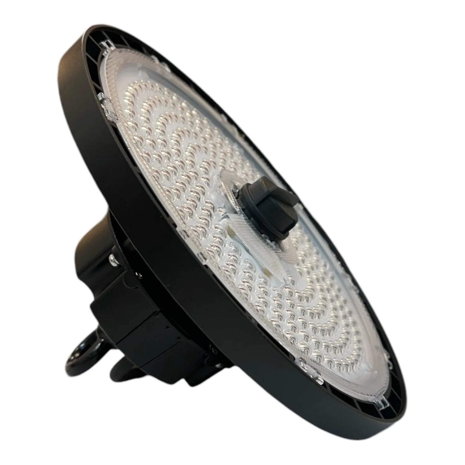 Black LED high bay light with clear dome lens and visible LED array, angled view against white background.