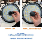 Installation guide showing motion sensor removal and installation steps on 150W LED high bay light fixture with yellow LED ar