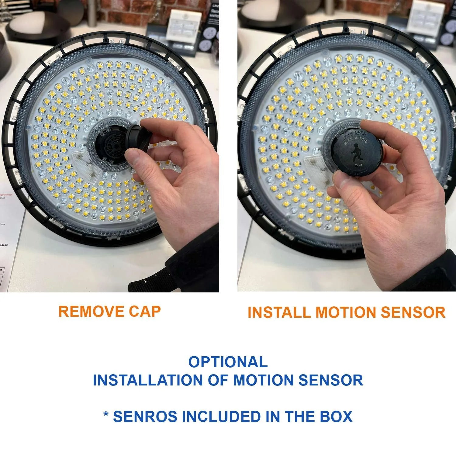 Installation guide showing motion sensor removal and installation steps on 150W LED high bay light fixture with yellow LED ar