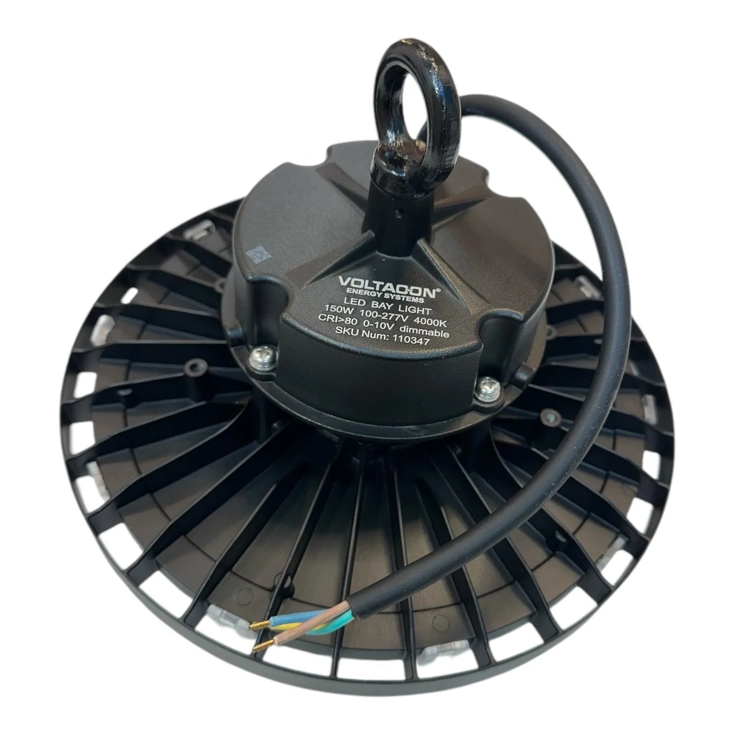 Voltagon 150W LED high bay light with ribbed aluminum heat sink, mounting ring, and power cable against white background.