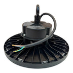 Black LED high bay light fixture showing internal motor housing mounted above wide reflective base with cooling fins and atta