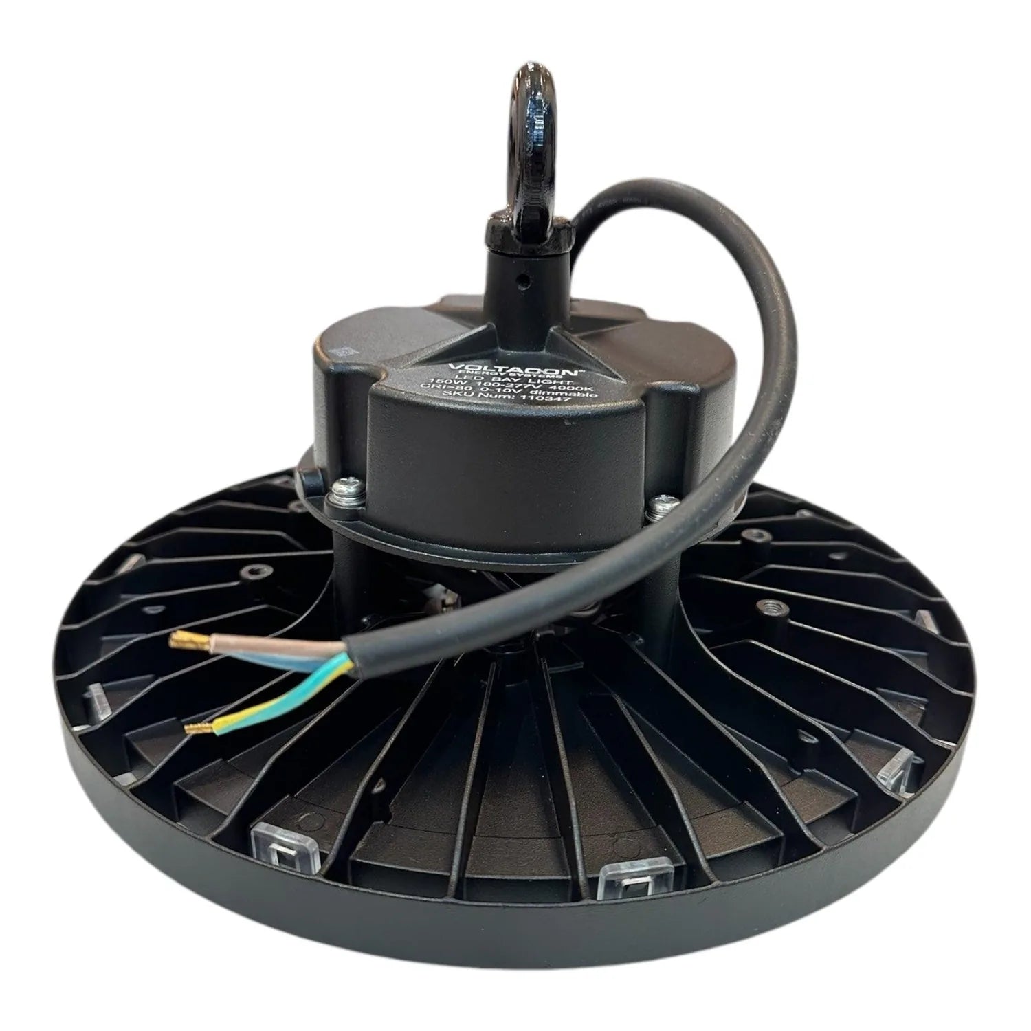 Black LED high bay light fixture showing internal motor housing mounted above wide reflective base with cooling fins and atta