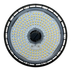 Top-down view of round LED high bay light with black rim, gray aluminum base, and array of yellow-tinted LED chips surroundin