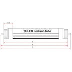 Technical dimension diagram of T8 LED Ledison tube showing side profile with labeled measurements A, B, C and 22.9mm width sp