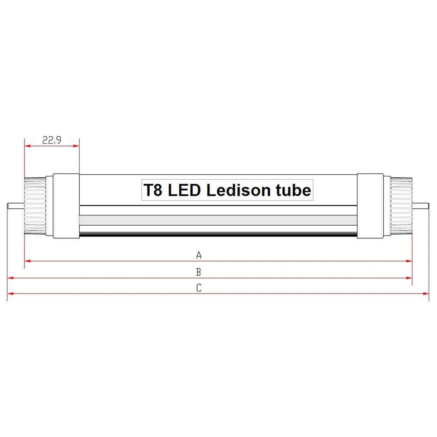 T8 LED Ledison tube dimension diagram showing 22.9mm width marking and three length measurements labeled A, B, and C.