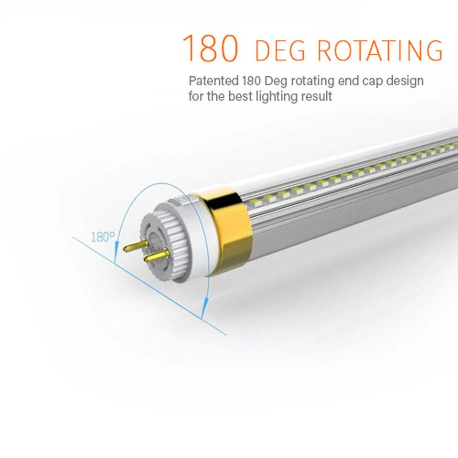 T8 LED tube with rotating end cap showing 180-degree rotation capability for optimal lighting angles