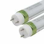 Two LED T8 tube lights with white bodies and green end caps, showing measurement markings and two-pin connectors.