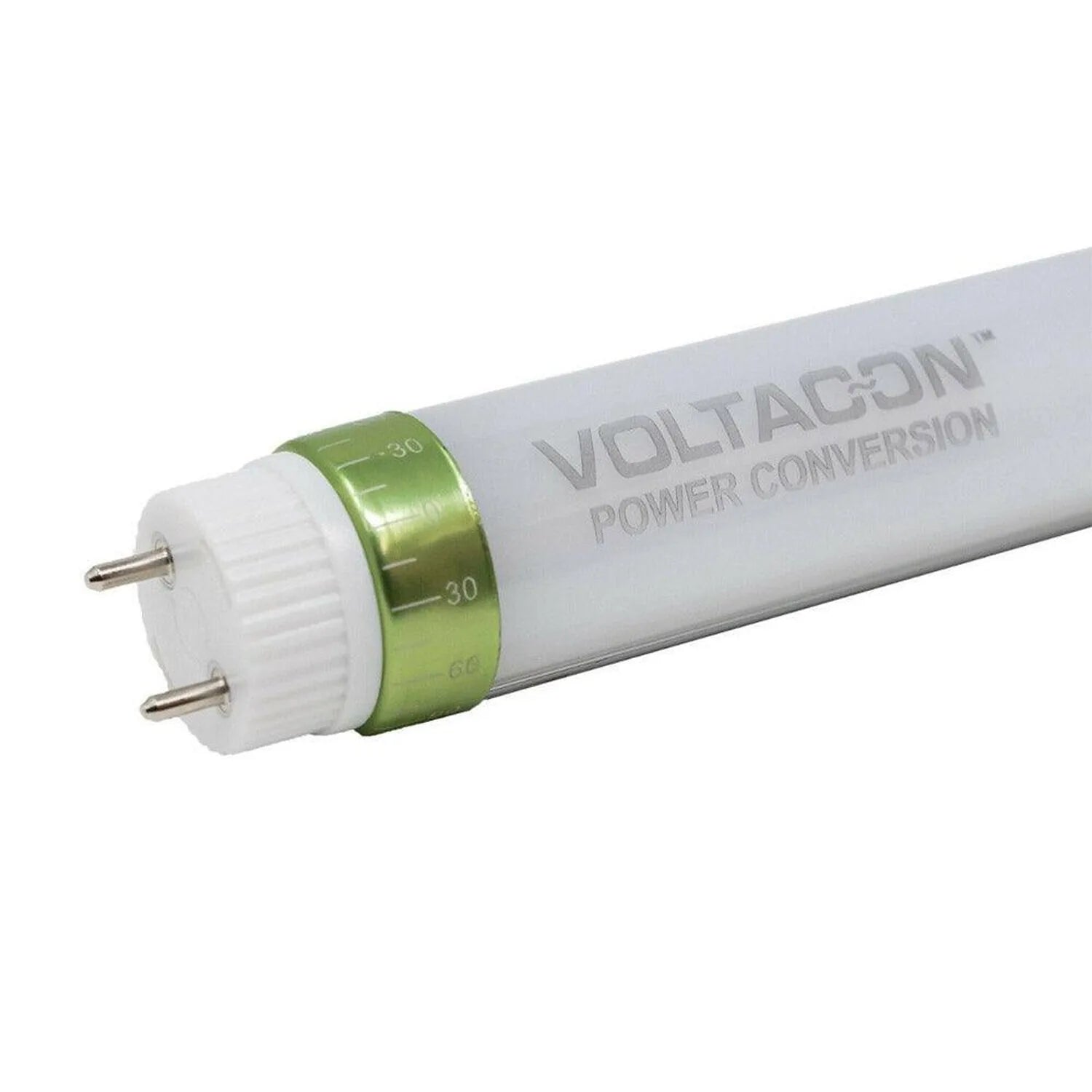 Voltacon T8 LED tube with green metallic collar and white ribbed end cap, product alone against white background.