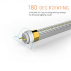 T8 LED tube light with rotating end cap shown at 180-degree angle, illustrating patented rotating design for optimal lighting
