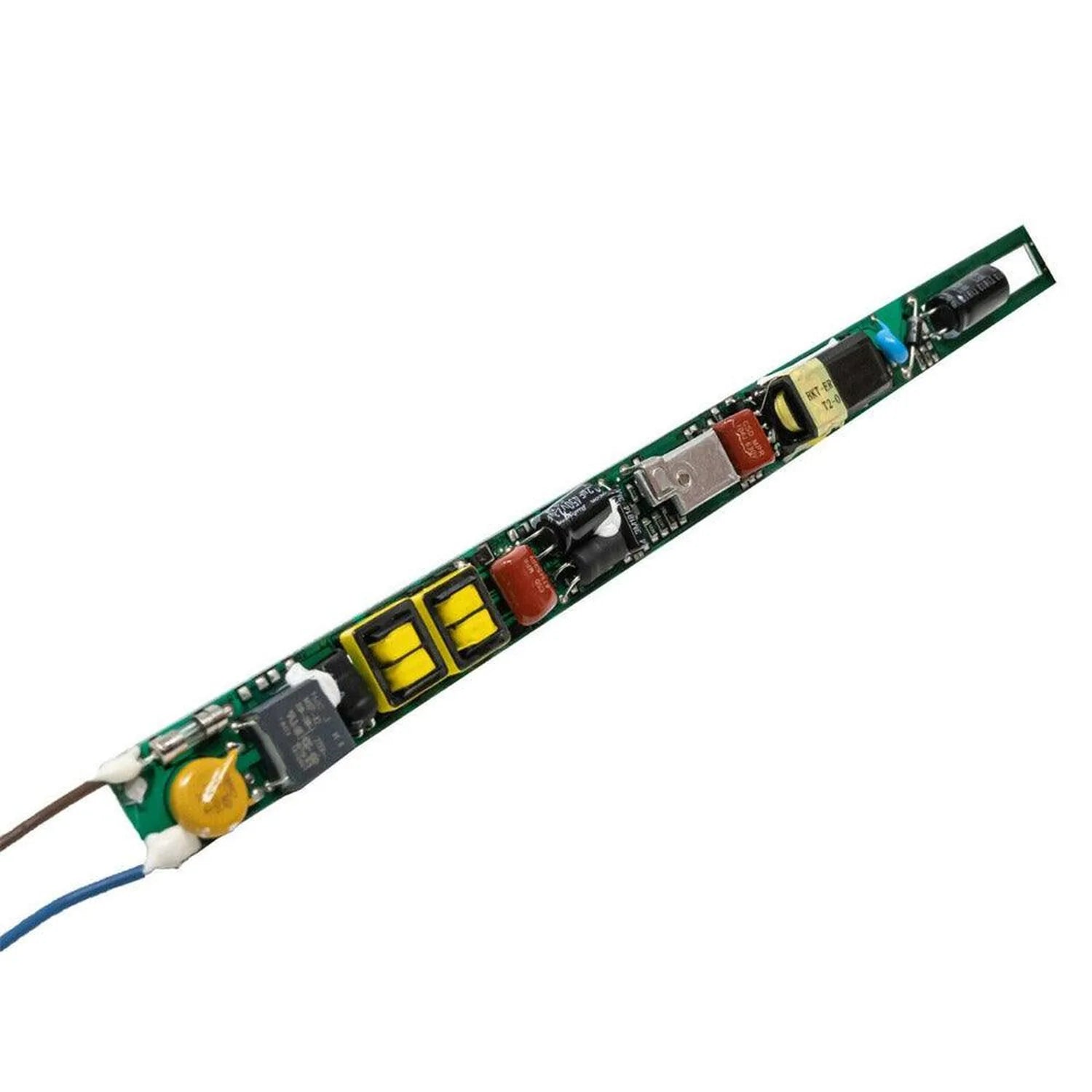 Fluorescent tube LED driver circuit board with transformers, capacitors, and wiring against white background.