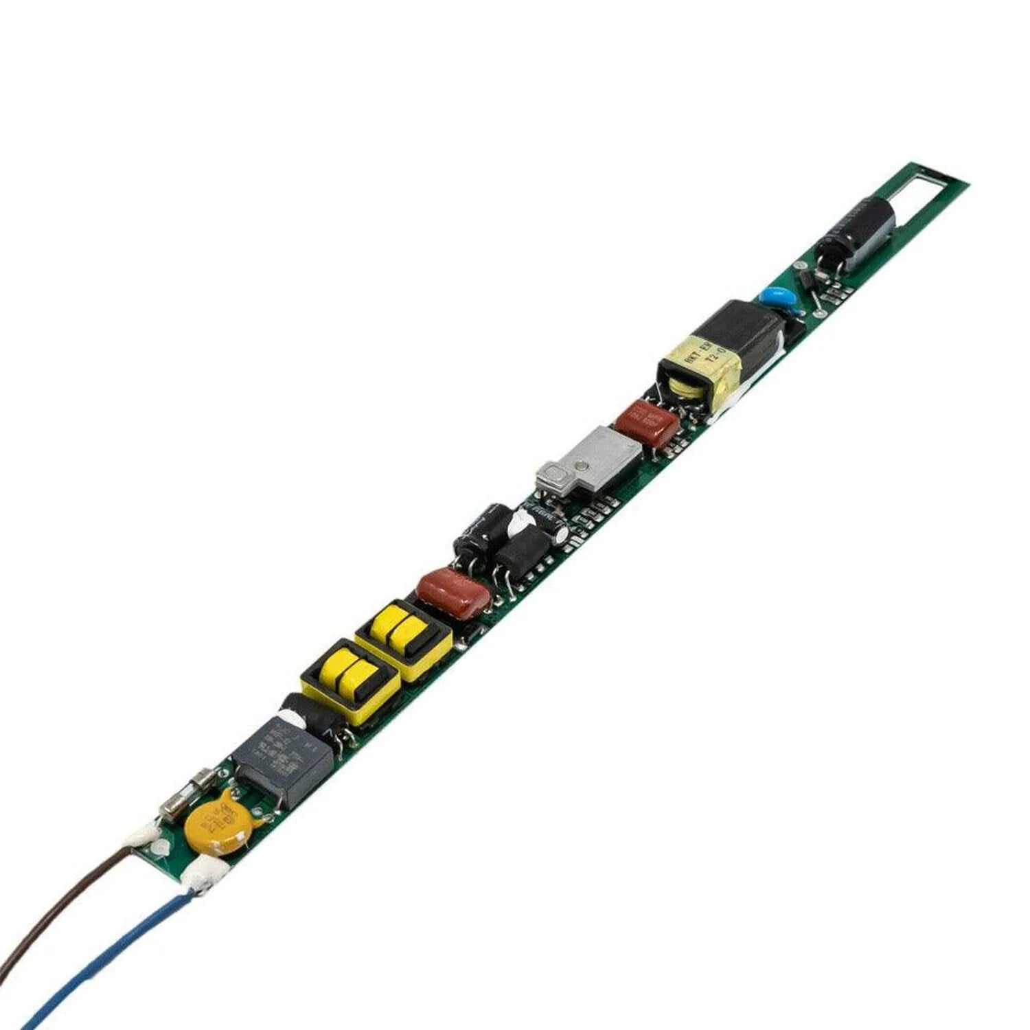 Linear LED driver circuit board with transformers, capacitors, and wire connectors against white background.