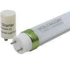 Voltacowi T8 LED tube with power conversion starter and cylindrical starter component for led tube installation.