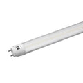 White LED tube light with ribbed connector base, angled against white background.