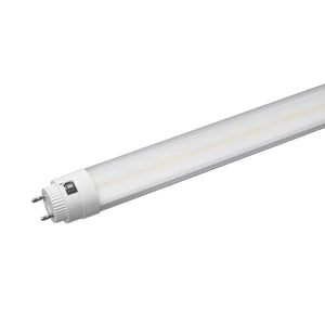 White LED tube light with ribbed connector base, angled against white background.