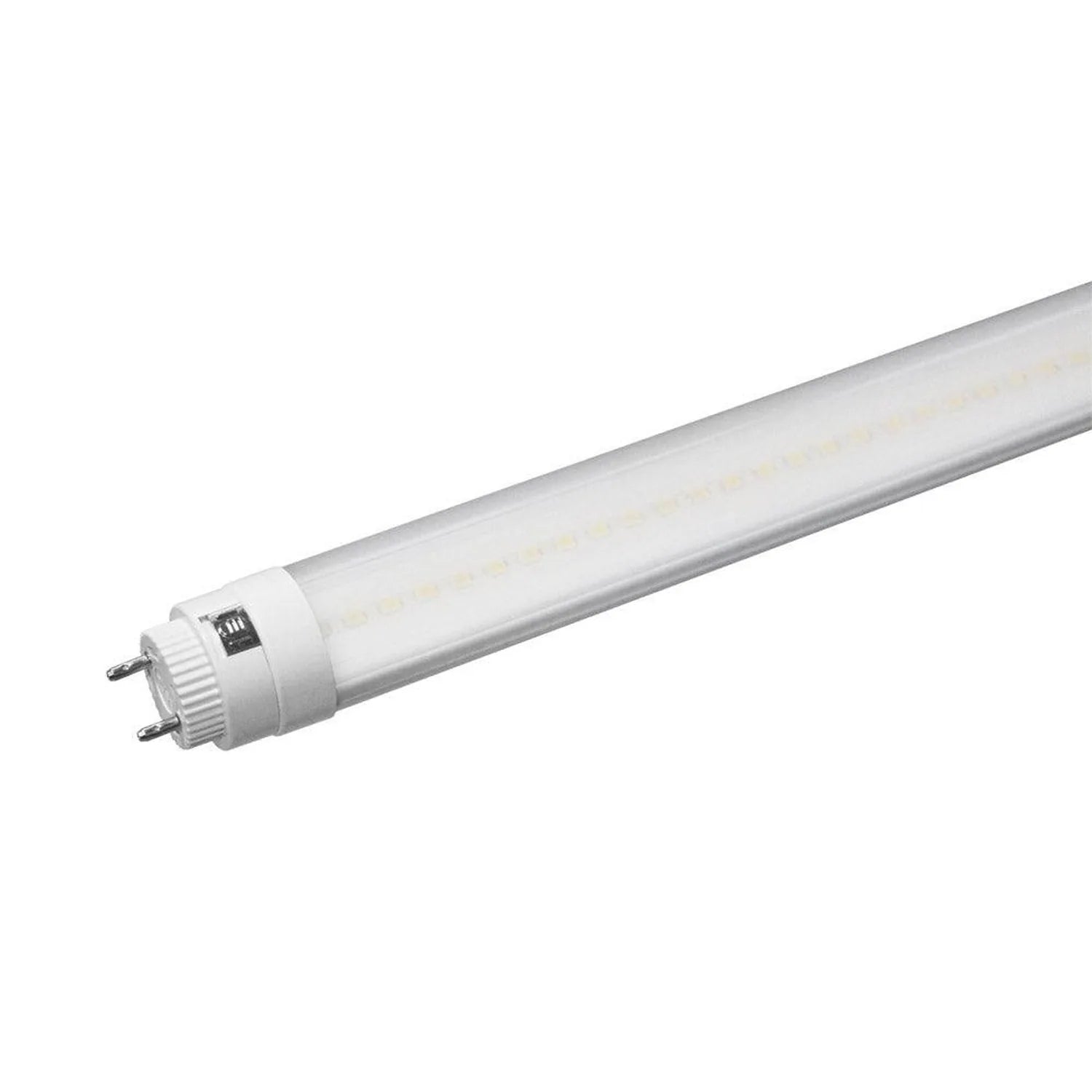 White LED tube light with ribbed connector base, angled against white background.