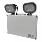 LED twin emergency spotlight with two adjustable black heads mounted on white rectangular housing, front product view.