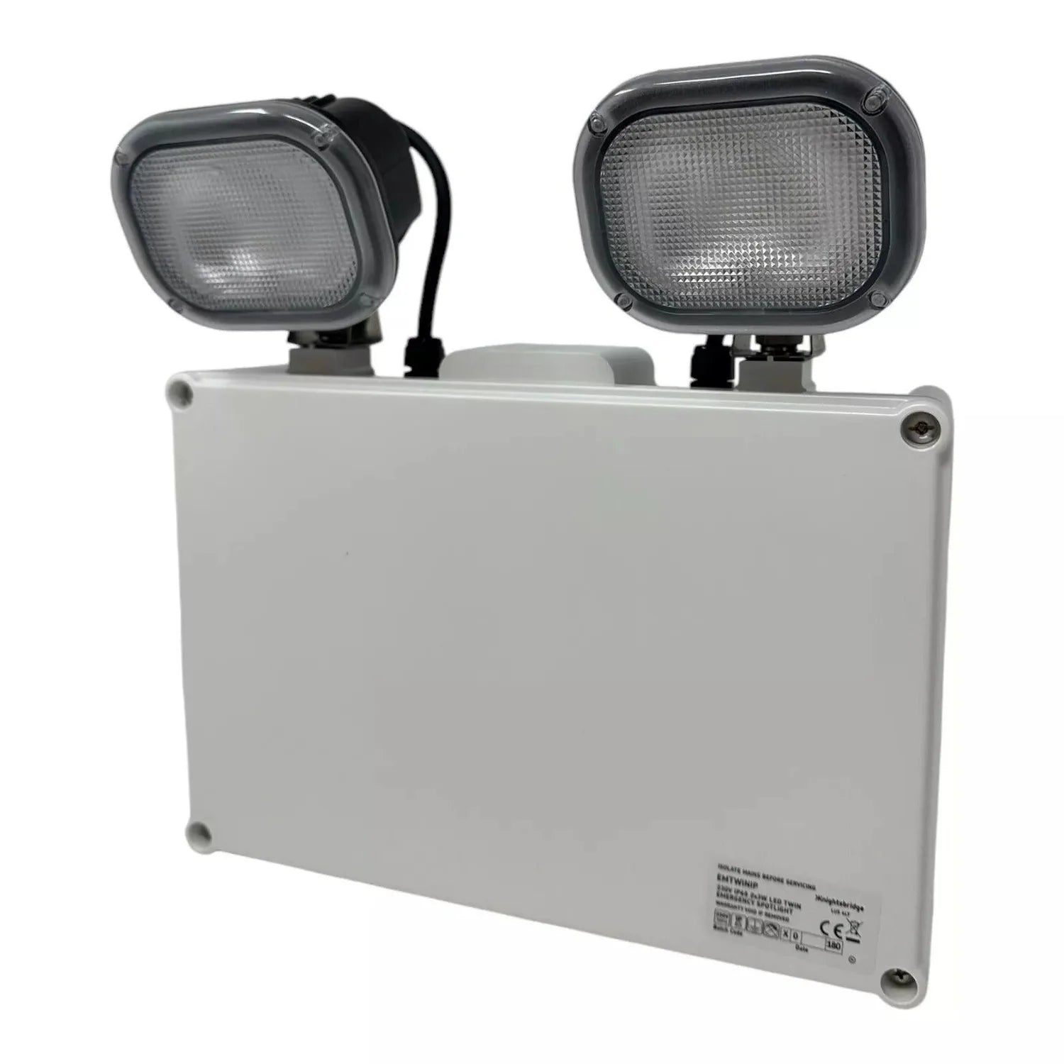 LED twin emergency spotlight with two adjustable black heads mounted on white rectangular housing, front product view.
