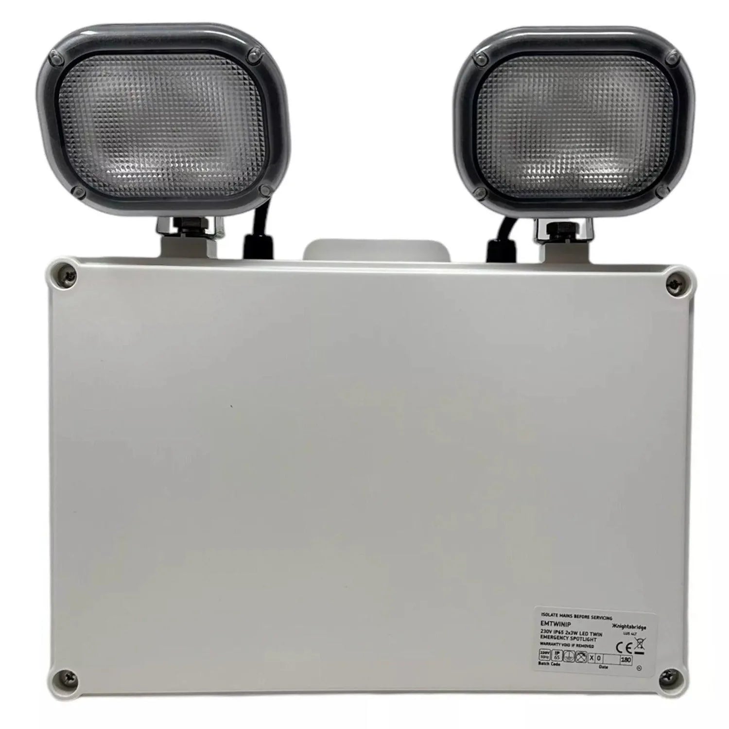 White rectangular emergency light unit with two black adjustable LED spotlights mounted on top, front view product photo.