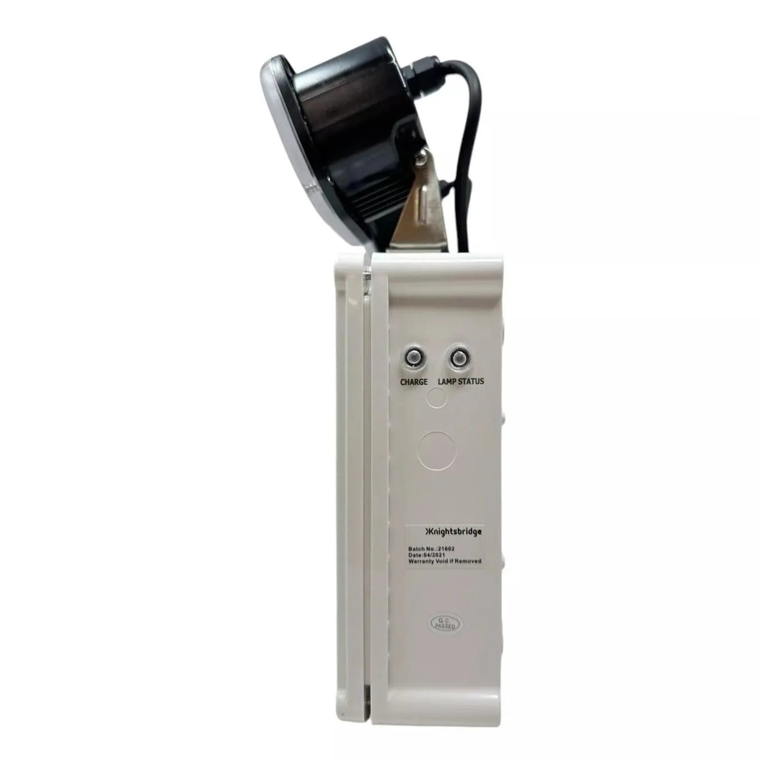 Knightsbridge LED emergency spotlight with dual black lamp heads mounted on silver rectangular base, showing charge and lamp 