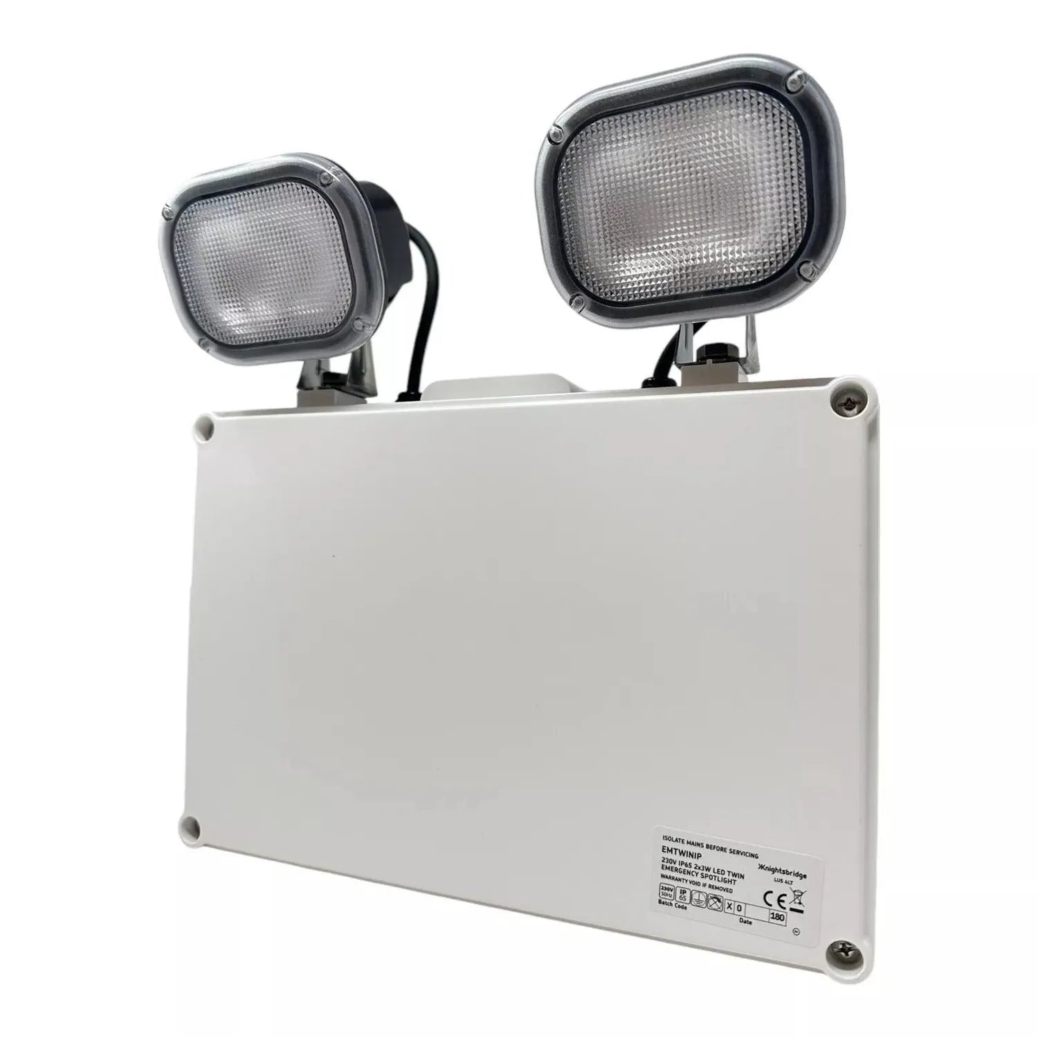 White emergency light unit with two adjustable black LED spotlights mounted on top, product label visible on lower panel.