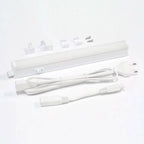 T5 LED under cabinet light with power cord, mounting brackets, screws, and extension cables displayed on white background.