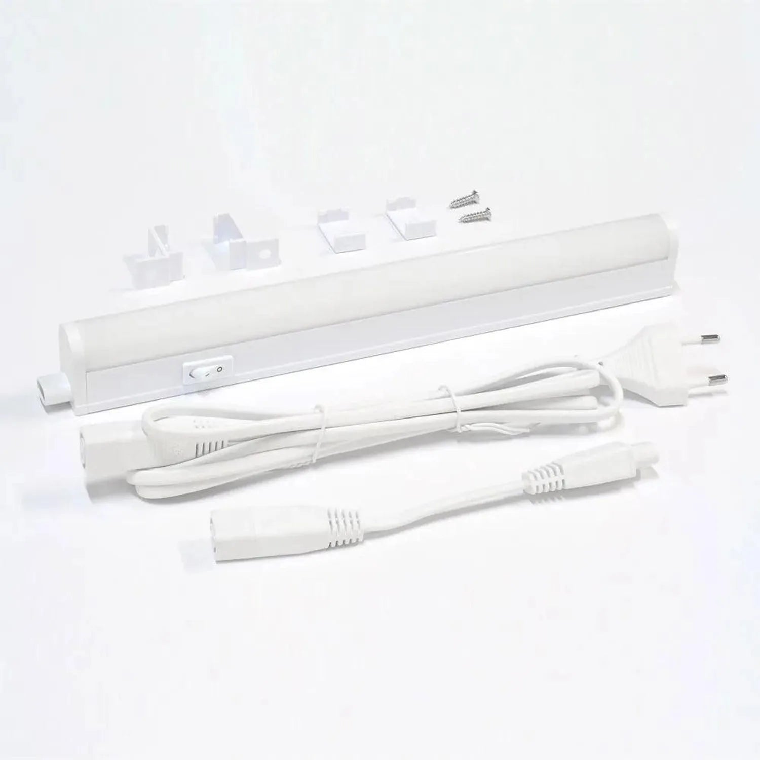 T5 LED under cabinet light with power cord, mounting brackets, screws, and extension cables displayed on white background.