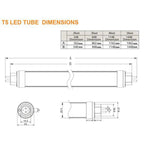 T5 LED tube dimensions chart showing length specifications for 2, 3, 4, and 5 foot models with technical drawings and pin con