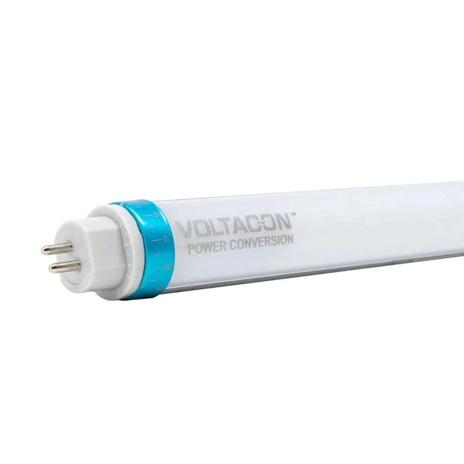 Voltacjon T5 LED tube light with blue collar and two-pin connector against white background.