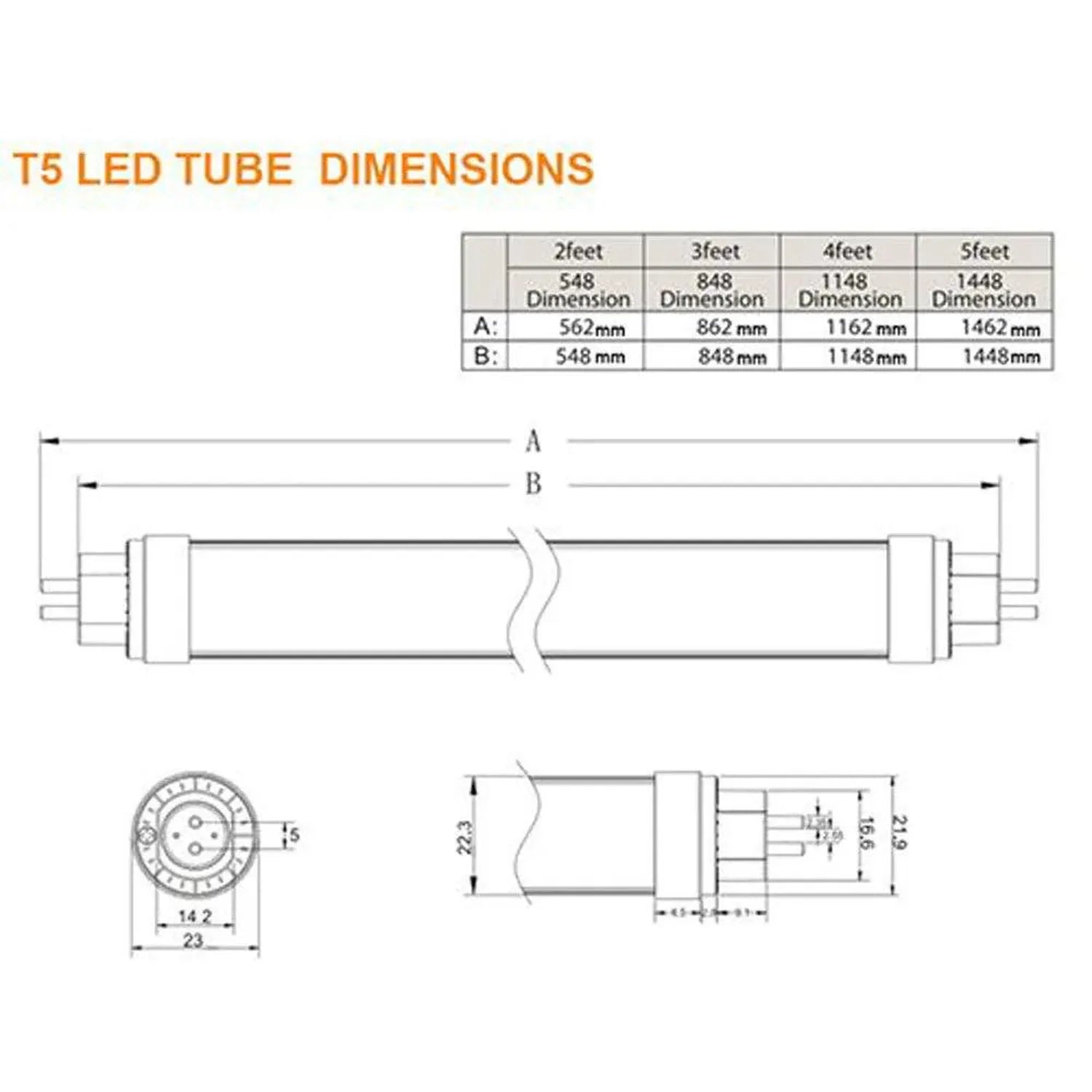 T5 LED tube dimension diagram showing length specifications for 2, 3, 4, and 5 foot models with measurements and end cap deta