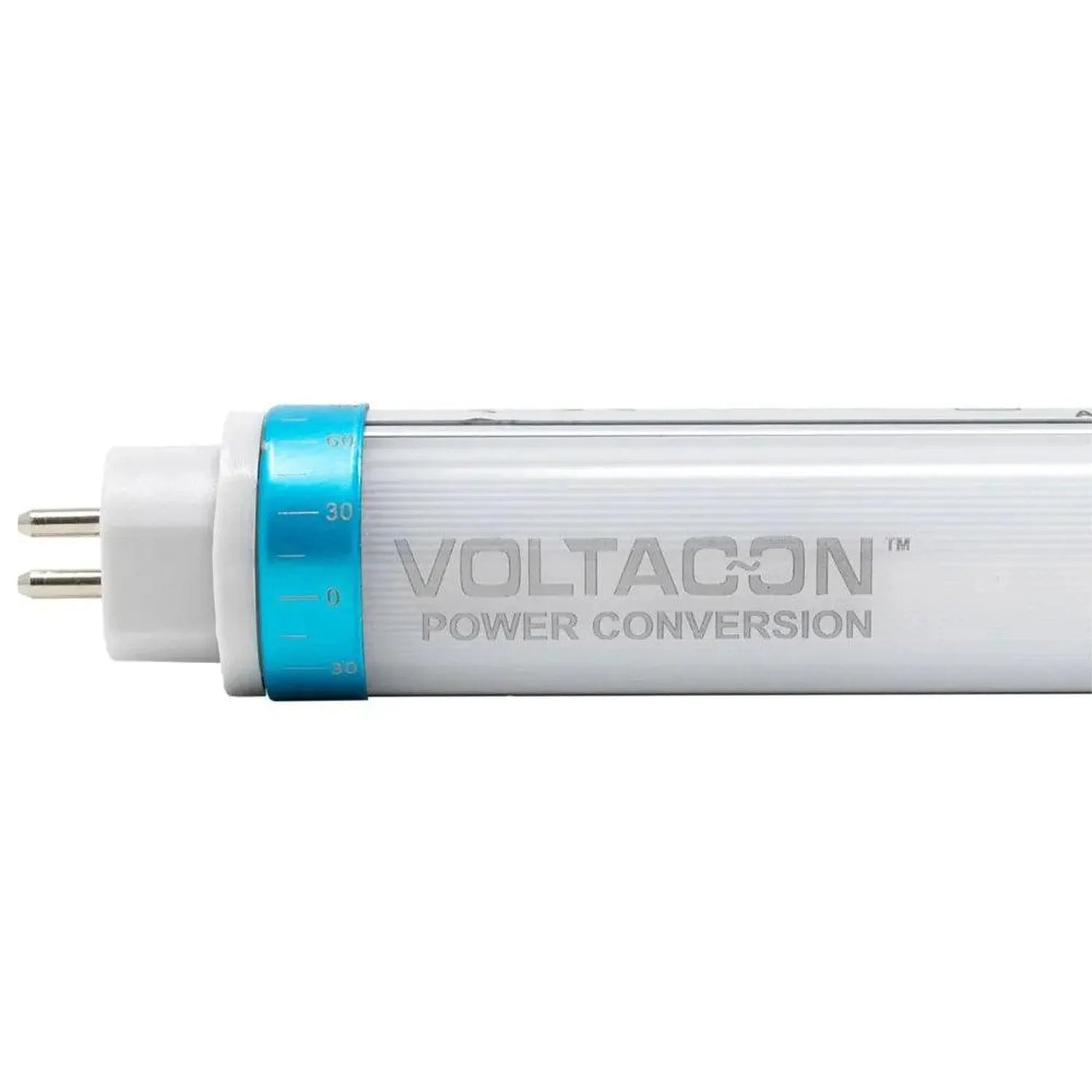 Voltacon T5 LED tube light with blue collar band, two-pin connector visible on white background.