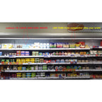 Ledison T8 LED tube light installed above refrigerated supermarket shelf, compared side-by-side with competitor cool white tu